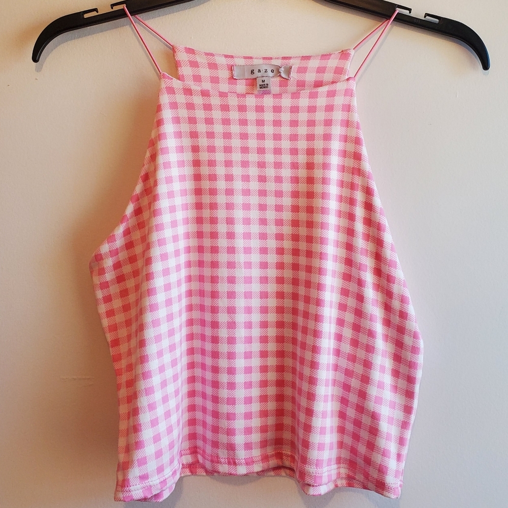 gaze Cropped Pink and White Checkered Gingham Haltar Top